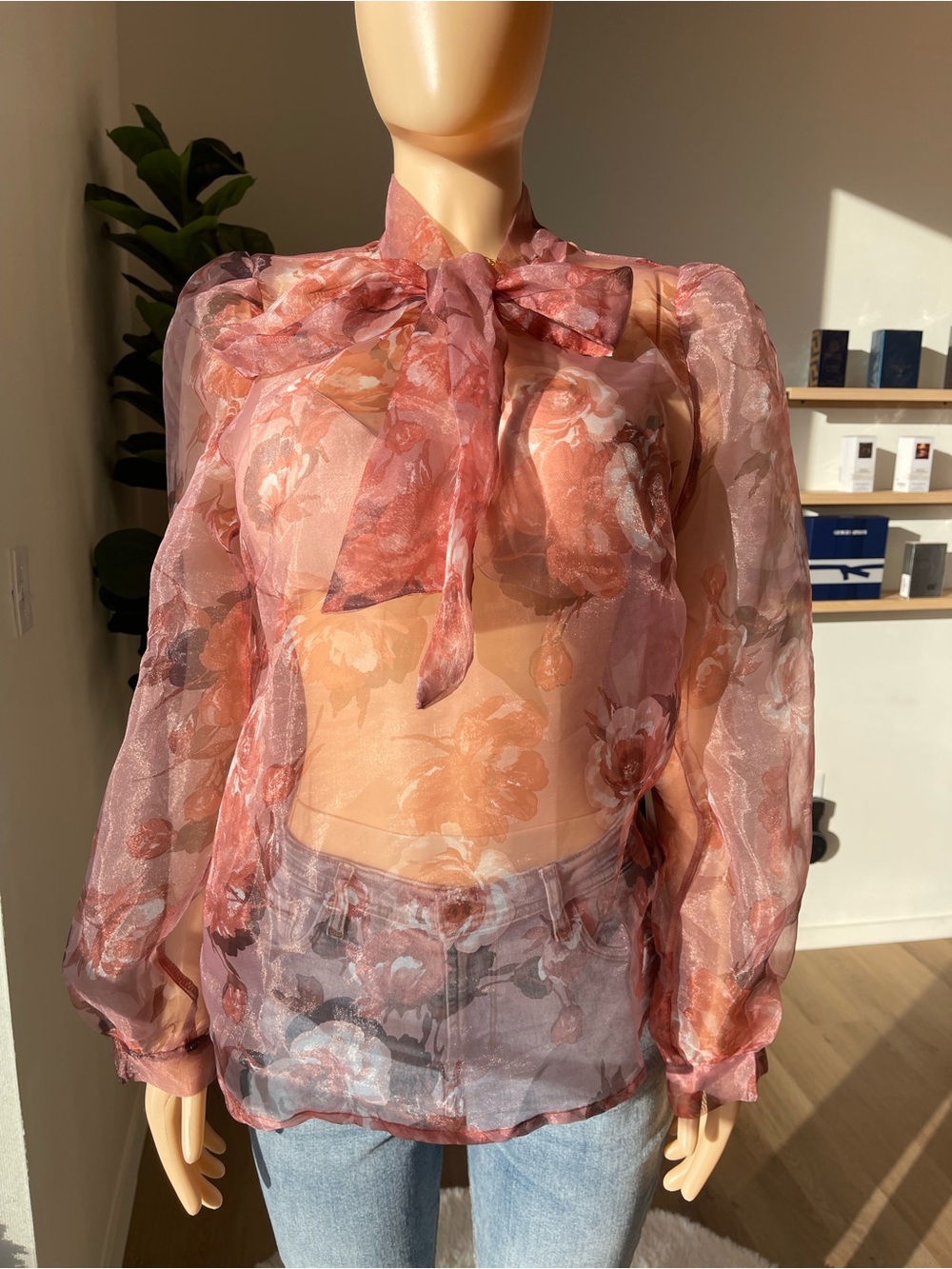 Sheer Floral Tie-Neck Blouse in Rose